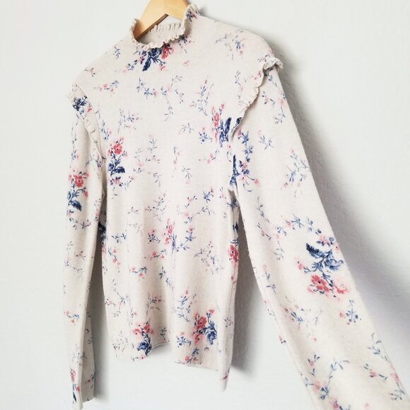 Joie Robbia Sweater L Wool Cashmere Blend Mock Neck Floral Ruffle Gesso $298 - Picture 8 of 16